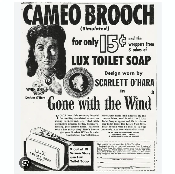 Vintage Gone with the Wind cameo brooch Scarlett O'Hara Lux Soap pin gol… - Picture 3 of 11